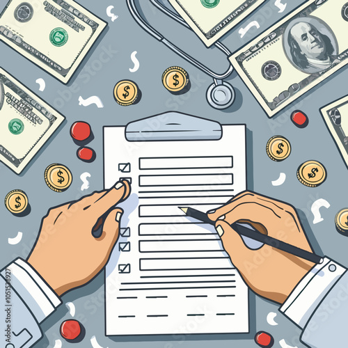 Horizontal banner with hands filling out form of health insurance surrounded by dollar bills and coins, Health Care Costs, Health care