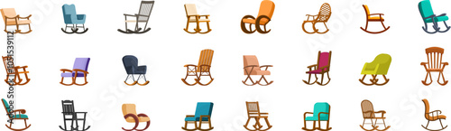 Rocking chair icons set. Comfortable rocking chairs in various designs, offering relaxation and style for any home