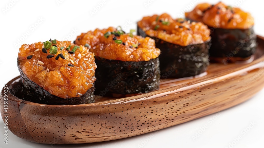 Four pieces of food with a sauce on top. Generative AI Four pieces of food with a sauce on top. Generative AI