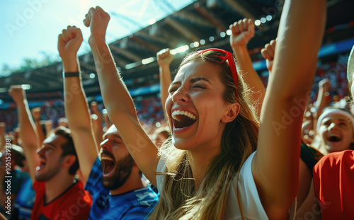 Group of fans cheering energetically in a lively stadium filled with excitement. Smiling faces and raised arms show enthusiasm during thrilling sports event