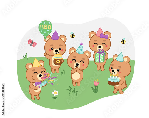 Birthday party. Bear friends congratulate on birthday and give gifts. Cartoon, kawaii, vector.