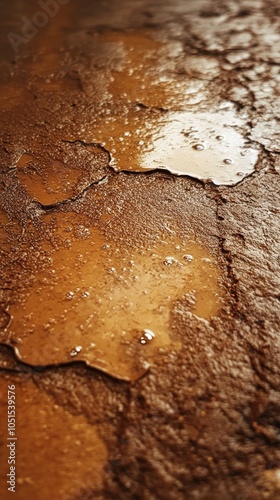 A wet earthen surface shows patches of moisture with reflections of light, creating a serene ambiance in a natural outdoor environment