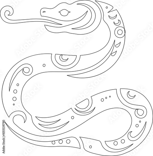 Minimalist illustration of a serpent or snake that is an element of Chinese legend. 2025 will be the year of the serpent in the Chinese calendar. Outline only