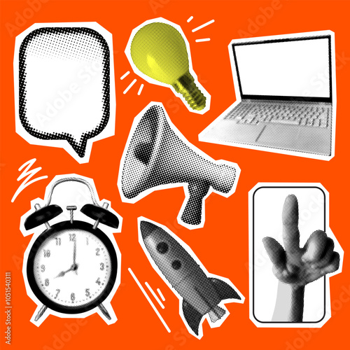 Set of retro halftone design elements. Paper cutout elements of alarm clock, loudspeaker, rocket, pointing hand, speech bubble, light bulb, laptop. Modern collage