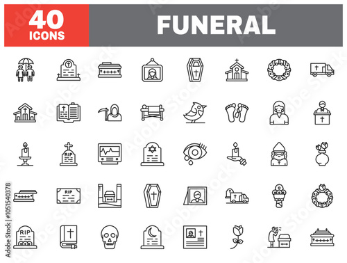 Set of 40 line icons funeral. Outline icon collection. Editable stroke. Vector illustration.