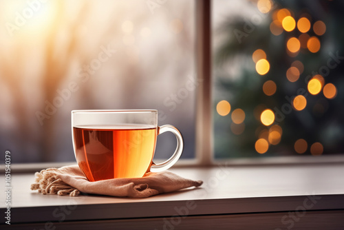 Warm tea by the window offers relaxation and comfort during a quiet winter day indoors.