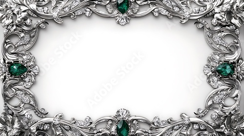 Silver frame with green gemstones and intricate details isolated on white background.