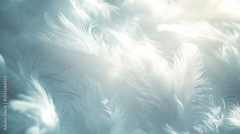 A tranquil close-up of pure white feathers illuminated by soft light, conveying a sense of calm and softness A tranquil close-up of pure white feathers illuminated by soft light, conveying a sense of calm and softness