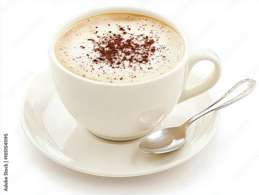 Fototapeta premium A cup of cappuccino with cocoa and a spoon on a saucer on white background