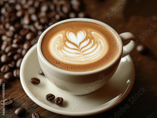 A cup of latte with coffee beans saucer and on a wooden table