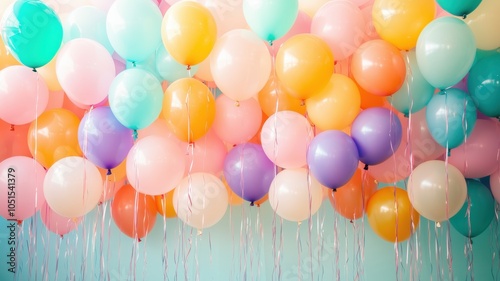Colorful balloons with a string of streamers hanging from the ceiling