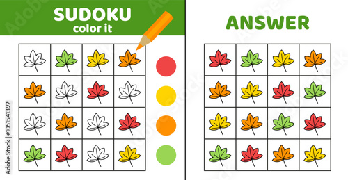 Sudoku with fallen leaves. Coloring sudoku with fallen leaves. Cartoon