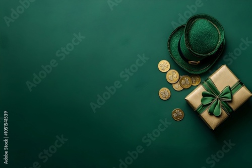 Vibrant St. Patrick's Day Background with Green Hat, Shamrocks, and Sunglasses on Yellow photo