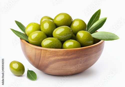 Wallpaper Mural Green ripe olives in a wooden bowl on a white background. Torontodigital.ca
