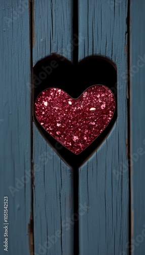 A heart-shaped glittery decoration seen through a wooden panel.