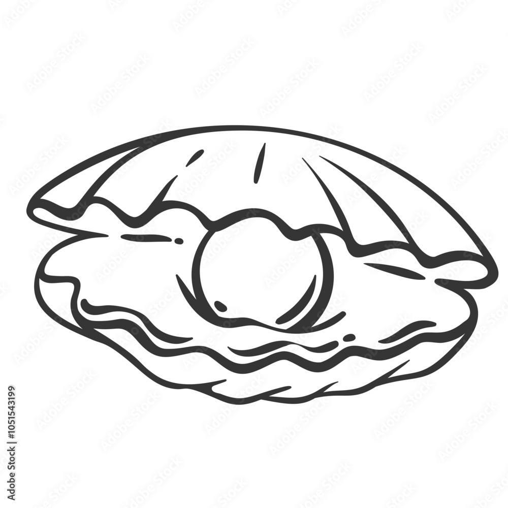Sea shell with half open valves and pearl line icon. Outline hand drawn vintage opening underwater seashell, cockleshell. Marine animal mascot, simple clam with pearl icon vector illustration Sea shell with half open valves and pearl line icon. Outline hand drawn vintage opening underwater seashell, cockleshell. Marine animal mascot, simple clam with pearl icon vector illustration