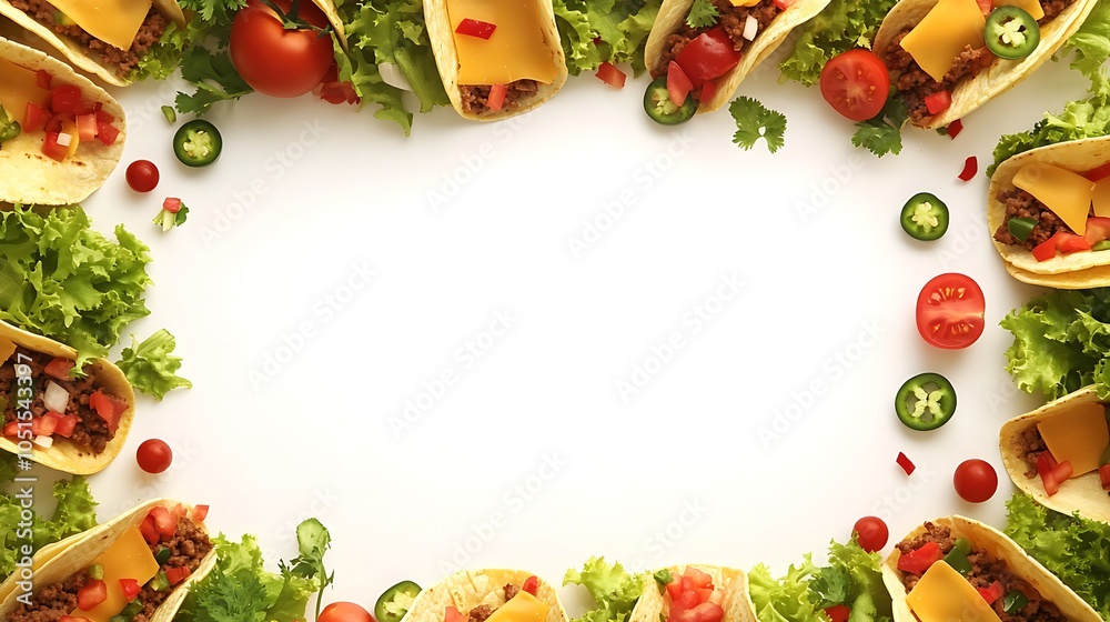 A white background surrounded by a border of mini tacos, lettuce, tomatoes, and jalapenos. A white background surrounded by a border of mini tacos, lettuce, tomatoes, and jalapenos.