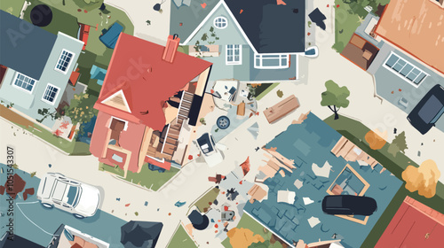 Housing damage or disaster illustration set, flat lay vector illustration, disaster recovery, recovery