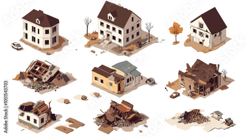 Housing damage or disaster illustration set, flat lay vector illustration, disaster recovery, recovery