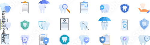 Dental insurance icons set. Set of dental insurance icons symbolizing protection, care, and health for teeth, emphasizing the importance of oral hygiene and preventative measures