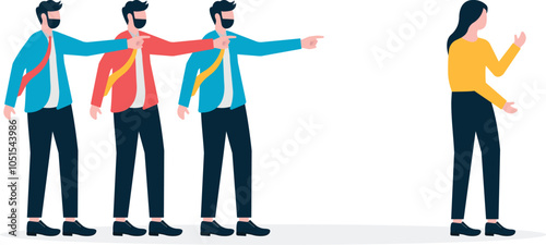 Feminism, female sexism, a group of male businessmen pointing at a business woman


