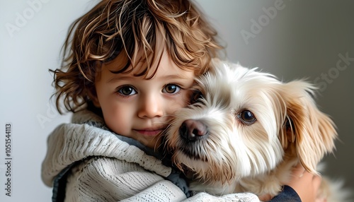 
Child holding a dog lovingly photo