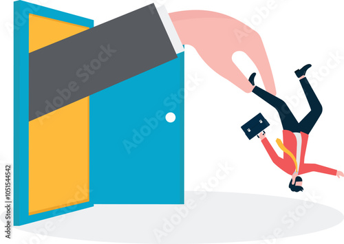 Fire, unemployment, big hand takes small businessman out of office door.

