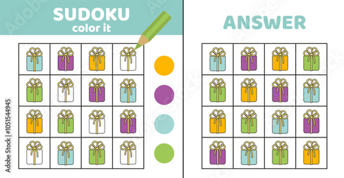 Sudoku. Gift. Coloring sudoku with cute gifts. Cartoon