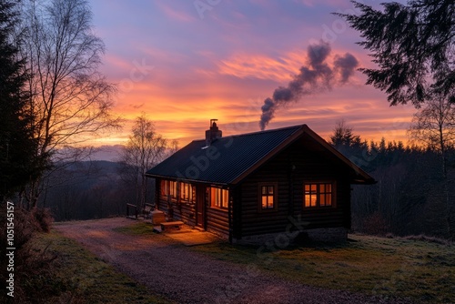 A cozy cabin in twilight glow offers warmth and charm. Smoke rises softly as the sun sets behind the trees. Nature and home unite in this peaceful scene. Generative AI