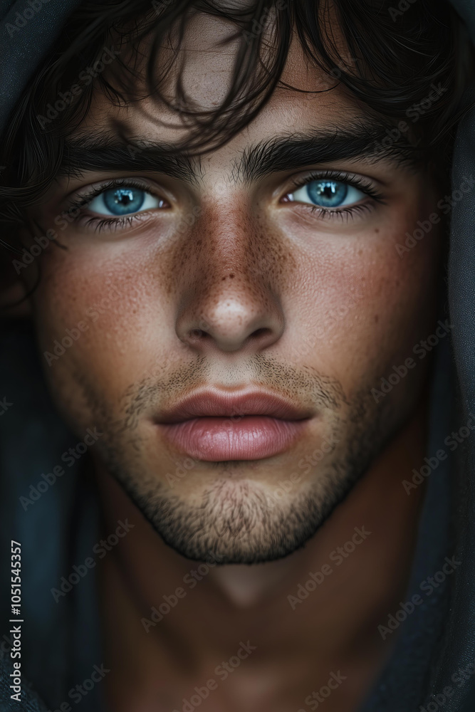 Fototapeta premium stunningly handsome young man with wavy dark hair and piercing blue eyes, wearing a hood , slightly tanned skin. He has strong facial features, a masculine jawline, high cheekbones, thick eyebrows