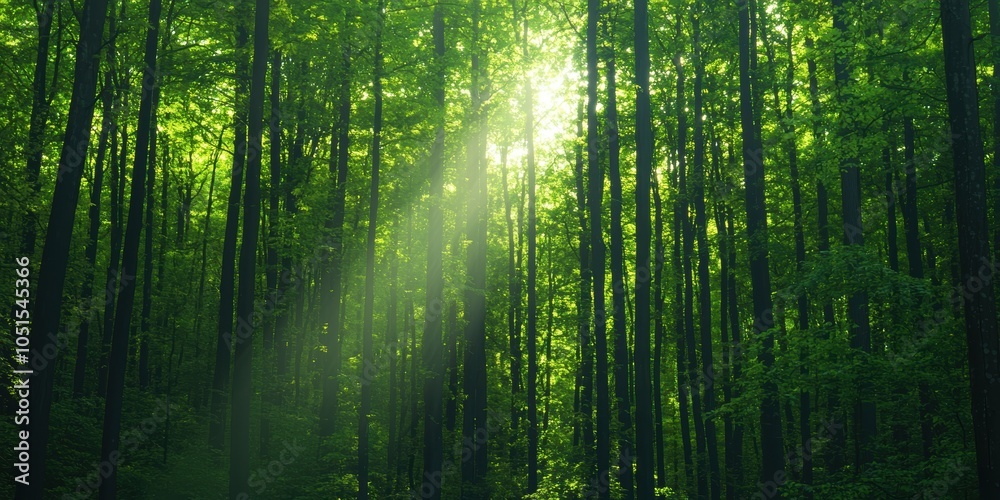 Fototapeta premium Sunlight filtering through lush green forest trees, creating a serene and tranquil atmosphere.