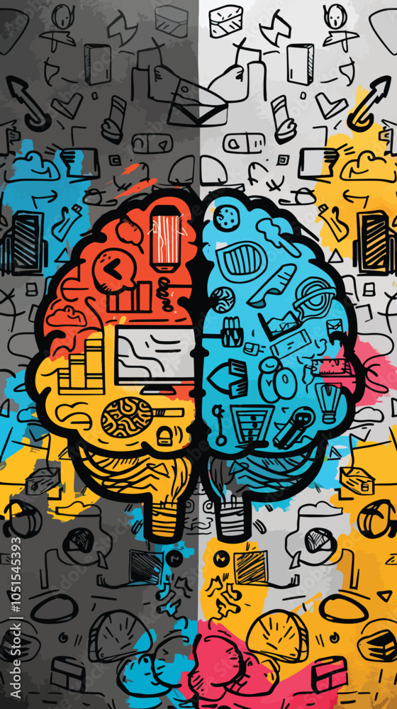Fototapeta premium Left right human brain concept. Creative part and logic part with social and business doodle