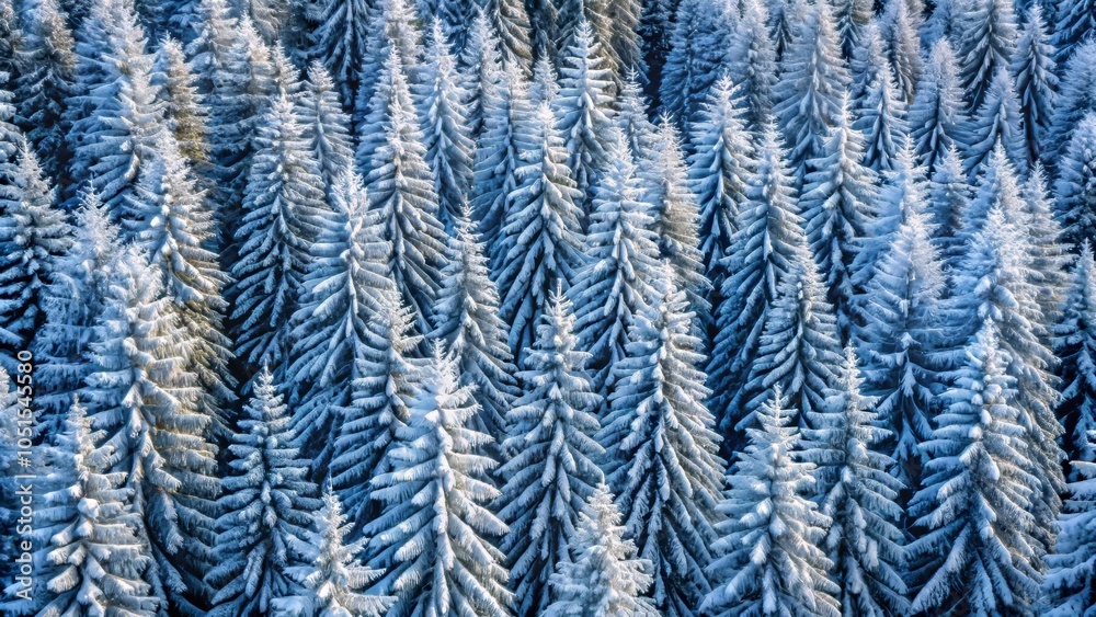 Winter wonderland - snow-covered forest of frosted trees from above for nature poster