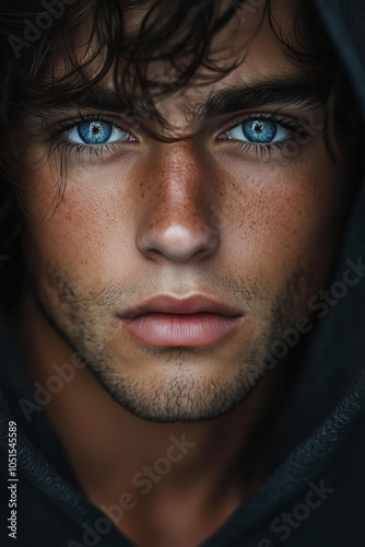 stunningly handsome young man with wavy dark hair and piercing blue eyes, wearing a hood , slightly tanned skin. He has strong facial features, a masculine jawline, high cheekbones, thick eyebrows