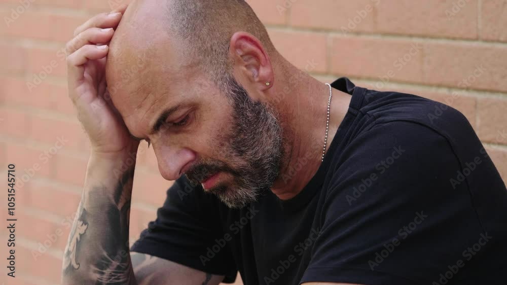 A mature man sits in deep thought, feeling desperate as he reflects on his mistakes. His furrowed brow and solemn demeanor reveal the burden of his past choices. A mature man sits in deep thought, feeling desperate as he reflects on his mistakes. His furrowed brow and solemn demeanor reveal the burden of his past choices.