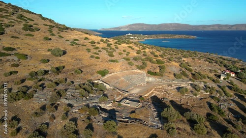 Drone flying over Archeological site of Thorikos Theatre in Greece photo