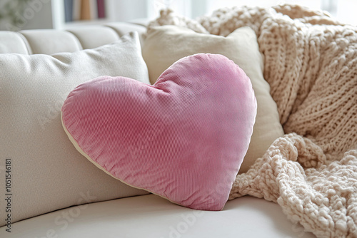 Pink heart-shaped pillow on a white sofa with a beige blanket, a product photo with a Valentine's Day theme photo