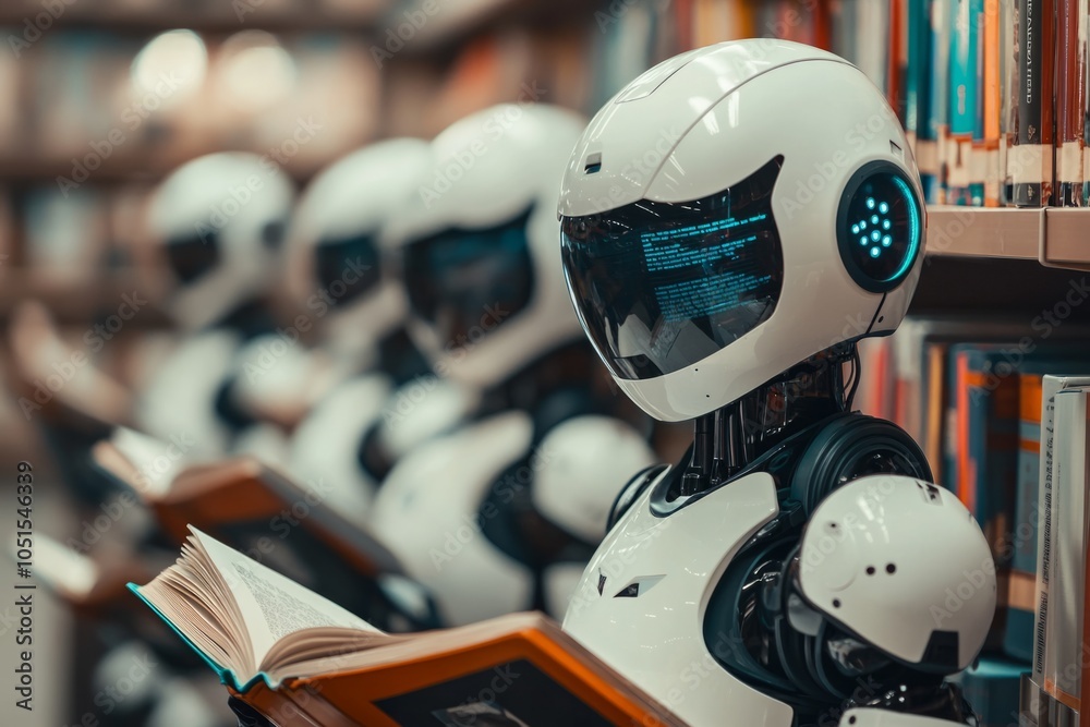 Fototapeta premium Robots engaged in reading books in a library setting. Futuristic design meets education. A glimpse into AI learning and technology collaboration. Generative AI