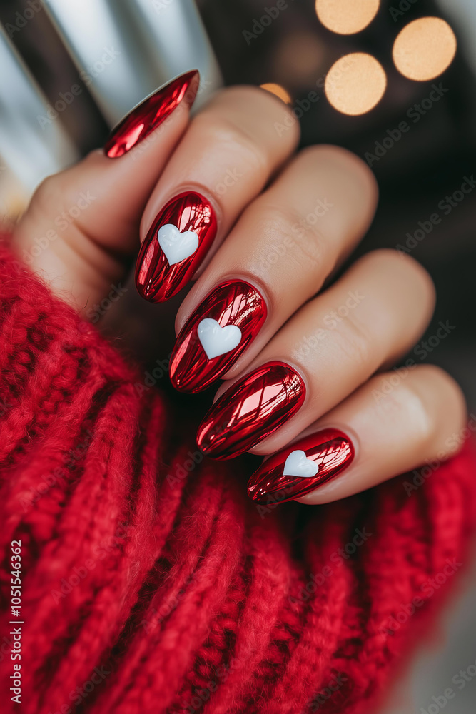 Valentine's Day-themed red metallic nails with white hearts, a hand in a red sweater , nail art Valentine's Day-themed red metallic nails with white hearts, a hand in a red sweater , nail art