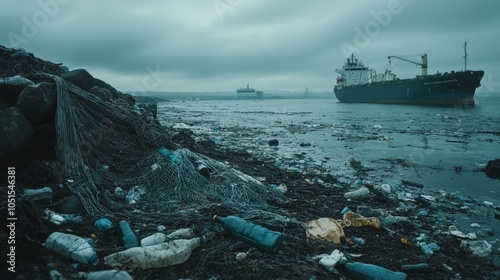 Polluted Coastline with Plastic Waste and Stormy Skies