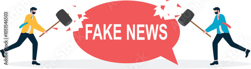 Two Businessmen hit the speech bubble together to sanction fake news and rumors.

