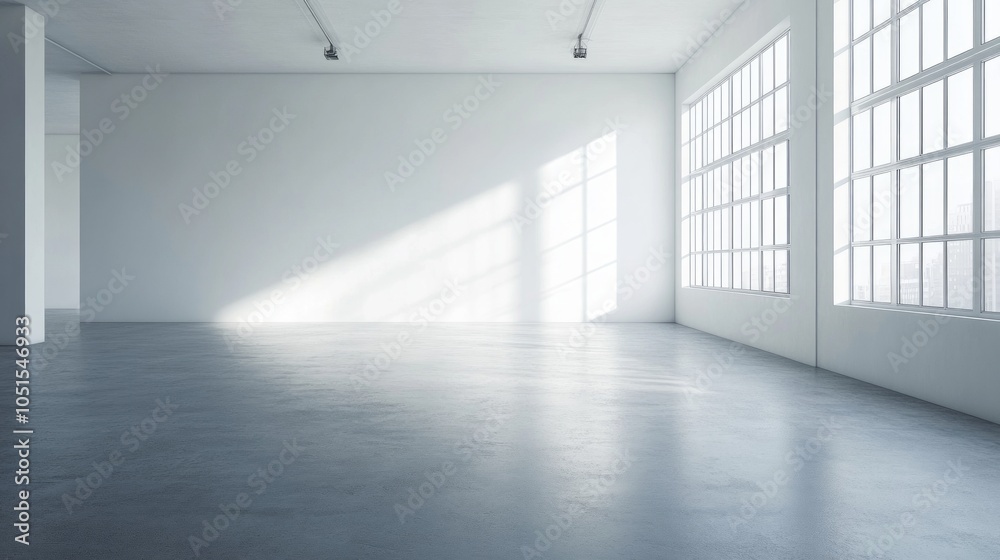 Obraz premium A minimalist apartment with smooth concrete floors, faintly decorated with linear patterns. Space on the left for text or captions.