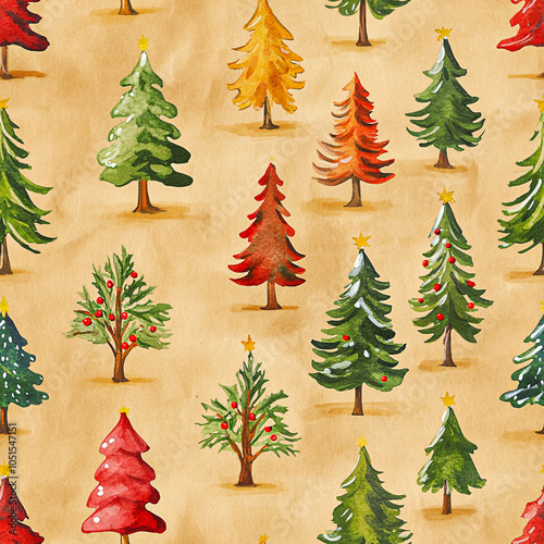 Seameless pattern with Christmas trees on brown craft paper. photo