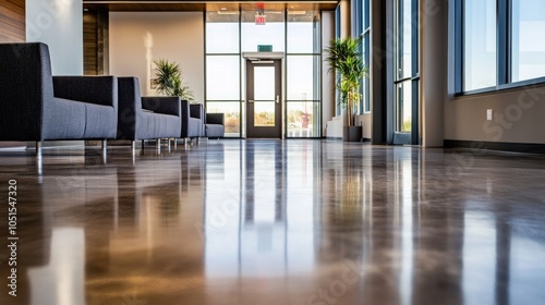 A modern office setting with polished concrete flooring, subtle rhombus patterns visible upon close inspection. Ample space for text at the bottom. photo