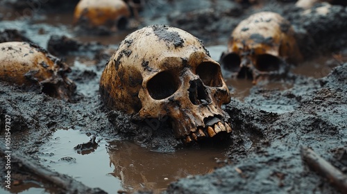 Skeletal remains of fallen warriors of war, human skulls and bones embedded in dirty wet rainfall swamp mud photo