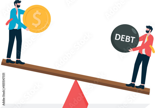 Businessman on a seesaw holding a debt money bag weighs more than a businessman holding an income money bag.

