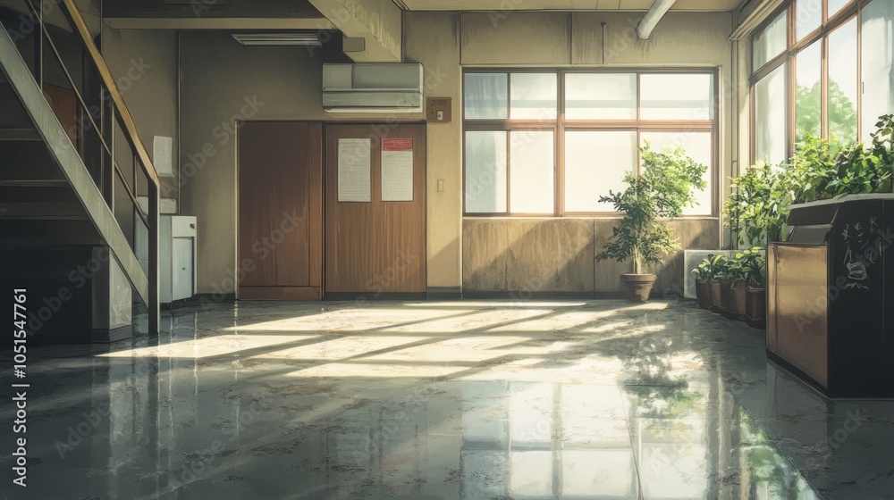 Triangular Room Pattern Floor A spacious room with a polished concrete floor, displaying faint ...