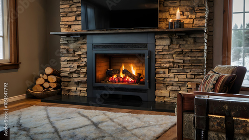 fireplace with burning logs in fireplace,burning wood, relaxing, , ai generated