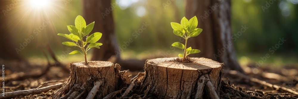 Young tree emerging from old tree stump at sun rays Young tree emerging from old tree stump at sun rays