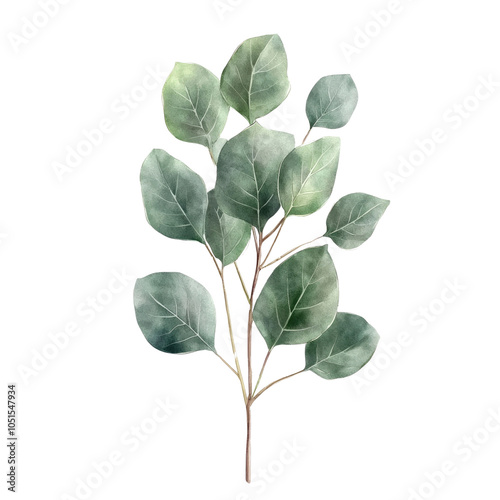 Watercolor Eucalyptus Sprig Isolated on Black Background